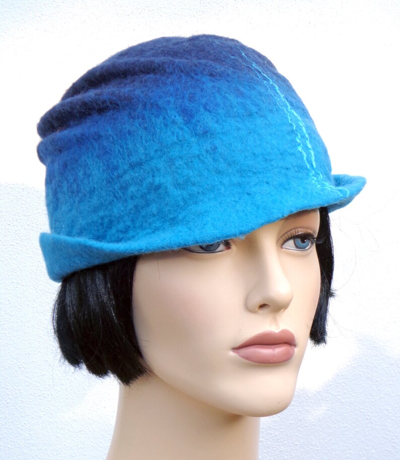 Retro hat blue felt cloche, 1920s inspired hat, art deco fashion, vintage inspired, winter hat, merino wool, cyber monday image 2