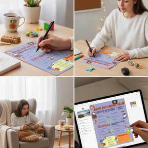 May include: A light purple ADHD Dopamine Menu with sections for Appetizers, Entrees, Sides, and Desserts. The menu is being written on with a black pen. A woman is writing on the menu at a desk.