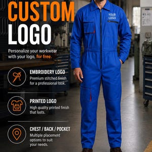 May include: A bright blue work coverall featuring a front zip fastening, a collar, long sleeves, and multiple pockets. The chest area includes a small pocket with a zip and a placeholder text that reads YOUR LOGO in white lettering.