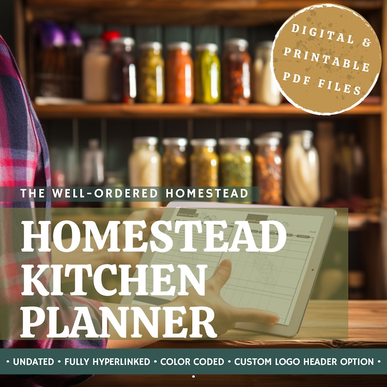 May include: A digital printable homestead kitchen planner on a tablet computer. The planner is colour coded and includes a custom logo header option. The text on the tablet reads "Homestead Kitchen Planner".