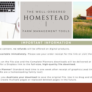May include: A digital download for a farm management planner with the text "The Well-Ordered Homestead" and "Farm Management Tools". The image also includes a red barn and a green field.