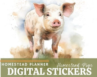 Watercolor Homestead Pigs Stickers – Digital Planner PNG (Digital Download)