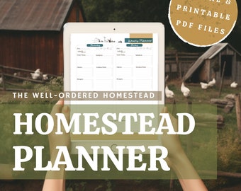 May include: A digital printable homestead planner with a farmhouse theme. The planner is undated, fully hyperlinked, colour coded, and includes a custom logo header option. The planner is displayed on a tablet in front of a rustic farmhouse and chickens.