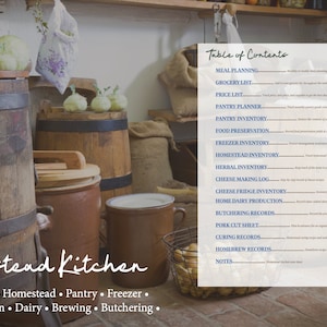 May include: A printable homestead kitchen planner with a table of contents listing various categories, including meal planning, grocery lists, pantry inventory, food preservation, and more. The image is set against a rustic backdrop of wooden barrels and other kitchen items.