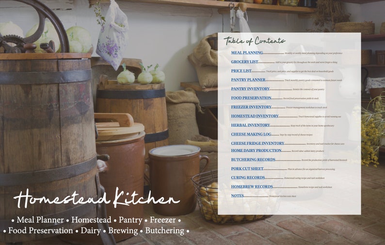 May include: A printable homestead kitchen planner with a table of contents listing various categories, including meal planning, grocery lists, pantry inventory, food preservation, and more. The image is set against a rustic backdrop of wooden barrels and other kitchen items.