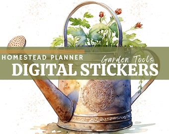 Watercolor Garden Tools Digital Stickers – Homestead Planner (PNG)