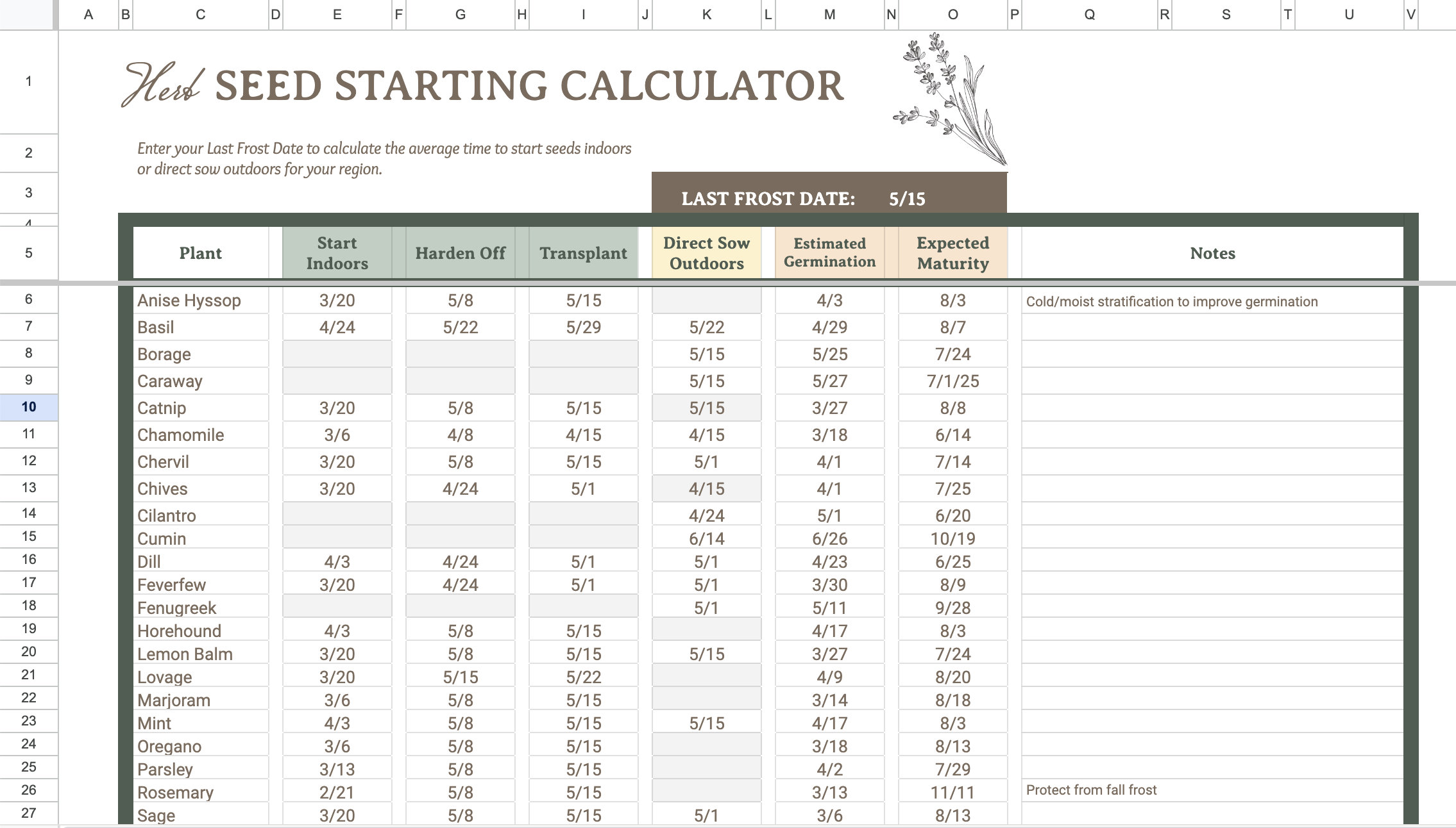 SEED STARTING CALCULATOR when Should I Sow My Seeds Digital Spreadsheet