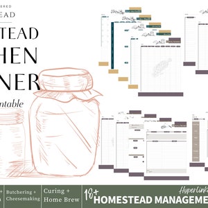 May include: A digital printable homestead kitchen planner with 18+ pages. The planner is compatible with Goodnotes, Notability, Adobe Acrobat, and Preview. The planner includes sections for menu and groceries, inventories and preservation, butchering and cheesemaking, and curing and home brew. The planner is illustrated with a hand-drawn image of a jar.