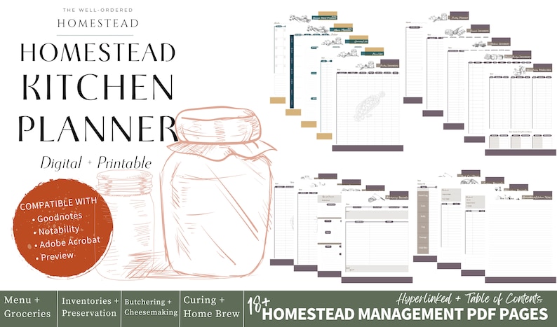 May include: A digital printable homestead kitchen planner with 18+ pages. The planner is compatible with Goodnotes, Notability, Adobe Acrobat, and Preview. The planner includes sections for menu and groceries, inventories and preservation, butchering and cheesemaking, and curing and home brew. The planner is illustrated with a hand-drawn image of a jar.