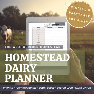 Op de afbeelding: Een digitale, afdrukbare melkveehouderijplanner voor zelfvoorzieners. De planner bevat een maandelijkse kalender, dagelijkse jaarlijkse opbrengsten en een sectie voor het bijhouden van de melkproductie. De planner is niet gedateerd en volledig gelinkt. De planner is kleurgecodeerd en heeft een optie voor een aangepaste logo-koptekst.