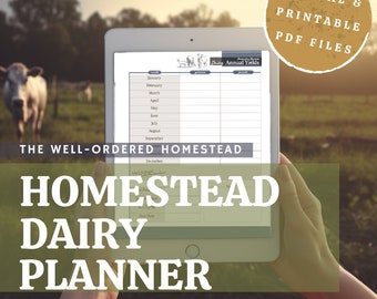 May include: A digital printable dairy planner for homesteaders. The planner includes a monthly calendar, daily annual yields, and a section for tracking milk production. The planner is undated and fully hyperlinked. The planner is color coded and has a custom logo header option.