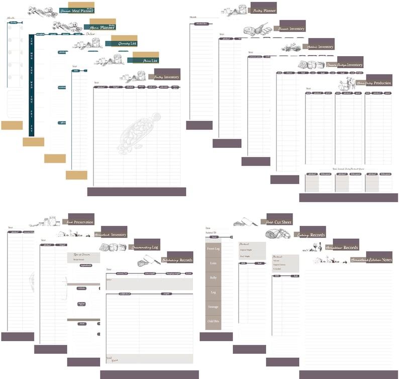 May include: A printable planner for meal planning, pantry inventory, food preservation, and meat cutting. The planner includes sections for weekly meal plans, grocery lists, pantry inventory, food preservation inventory, a cooking log, a meat cut sheet, and a section for recording recipes.