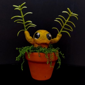 Può includere: Una scultura stravagante, fatta a mano, di una creatura gialla con grandi occhi neri, che tiene in mano ramoscelli di piante verdi. La creatura è racchiusa in un vaso color terracotta pieno di muschio verde. Lo sfondo è nero.