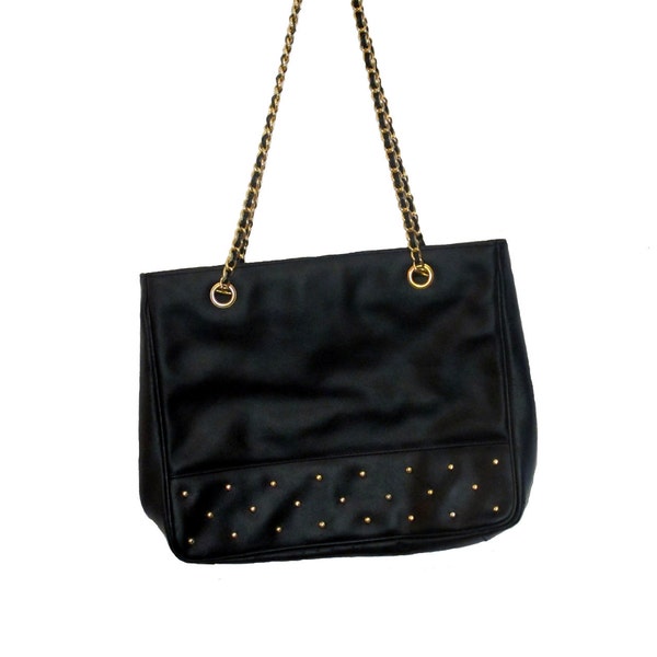 Vintage Large Black Leather Tote // Chain Strap // Stud Detail