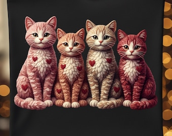 Gatti di San Valentino all'uncinetto in formato PNG / Disegno a sublimazione con filato a uncinetto / Grafica per maglietta con gattino a forma di cuore / Download DTF