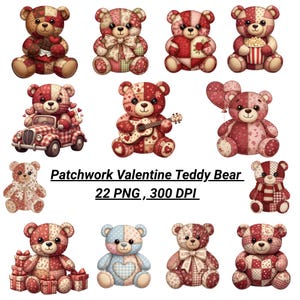 May include: A selection of patchwork teddy bear designs in red, pink, and cream. The bears feature heart and floral patterns, with some holding gifts, popcorn, or a guitar. The image includes the text "Patchwork Valentine Teddy Bear".