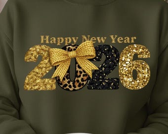 Happy New Year 2026 Shirt PNG | Black and Gold Glitter New Years Eve Design | Leopard Print 2026 Numbers | Printable PNG File