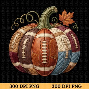 May include: A pumpkin-shaped graphic composed of multiple football-textured segments in shades of brown, tan, and blue. The design features white laces, quilted patterns, and a green stem with curly vines, topped with a single orange maple leaf.