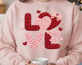 LOVE Crochet Yarn PNG – Coquette Pink Valentine Heart Sublimation, Retro Valentine Shirt Design Download