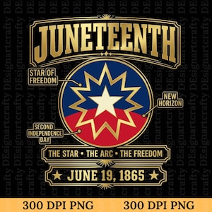 以下が含まれることがあります： 金色の文字でJUNETEENTHと書かれたグラフィックデザイン。中央の円形エンブレムには、青と赤の背景に金色の星が描かれています。各要素には、STAR OF FREEDOM、NEW HORIZON、SECOND INDEPENDENCE DAY、THE STAR、THE ARC、THE FREEDOM、JUNE 19, 1865というテキストラベルが付いています。