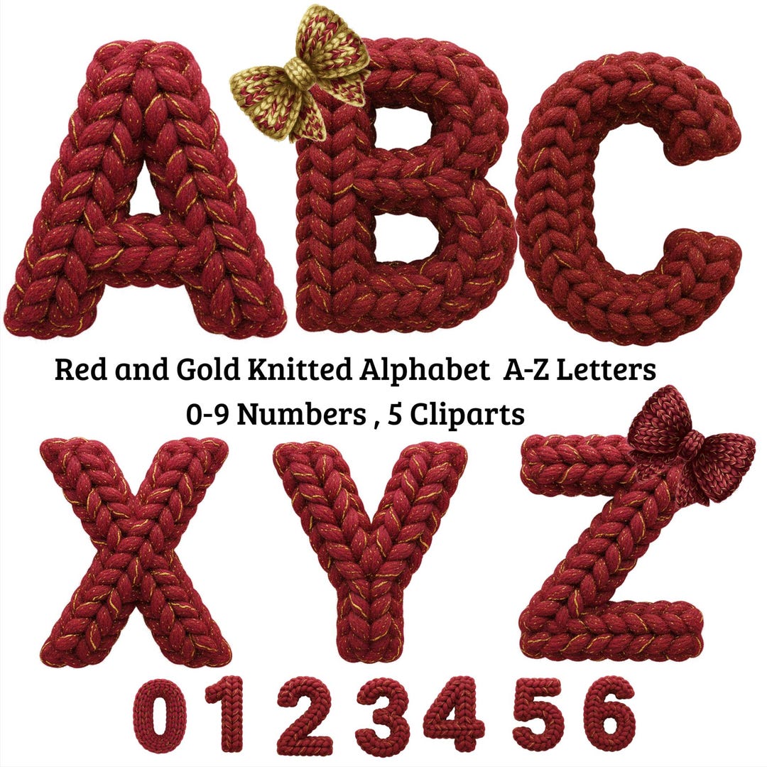 Red and Gold Knitted Alphabet PNG Bundle | Cozy Christmas Faux Yarn ...