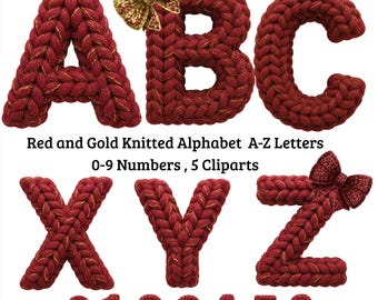 Red and Gold Knitted Alphabet PNG Bundle | Cozy Christmas Faux Yarn Letters A-Z and Numbers 0-9 | Chunky Knit 3D Font