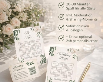 May include: Wedding Bingo game cards with floral and leaf accents. The cards include the text "Mr. & Mrs." and "Wedding Bingo." A gold pen rests on the table. The image also includes the text "Sharing Moments" and "20-30 Minutes Spaß für alle Gäste."