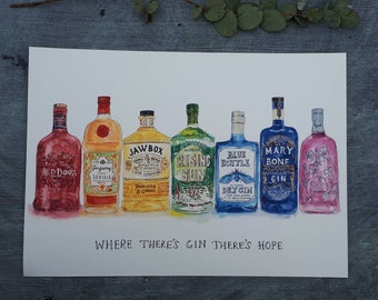 Where there's gin there's hope rainbow print by Sarah Majury