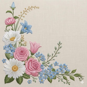 May include: Embroidered floral corner design featuring pink roses, daisies, blue forget-me-nots, and other flowers. The design is set against a neutral, textured background, showcasing detailed stitching and a variety of flower types.