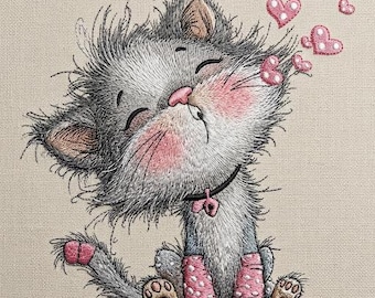 Cute Kitty Blowing Heart Kisses Embroidery Design, Valentine Cat  Pattern, Kawaii Kitten Machine Embroidery File, Instant Download, 5 Size