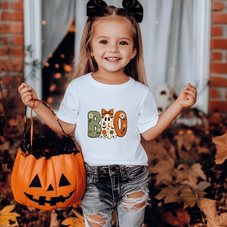 May include: A white short-sleeved t-shirt featuring a graphic print of the word BOO, where the letter O is replaced by a ghost wearing a bow. The ghost and letters are decorated with floral patterns in shades of green, orange, and white.