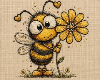 Cute Bee Embroidery Design, Bumble Bee Holding Daisy Flower Machine Embroidery File, Spring Garden Bee Design , 5 Size, Instant Download