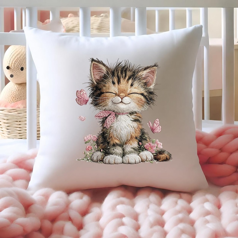 Cute Calico Kitten Embroidery Design, Floral Cat with Butterflies Machine Embroidery File, Instant Download image 5