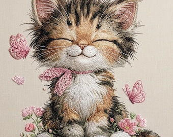 Cute Calico Kitten Embroidery Design, Floral Cat with Butterflies Machine Embroidery File, Instant Download