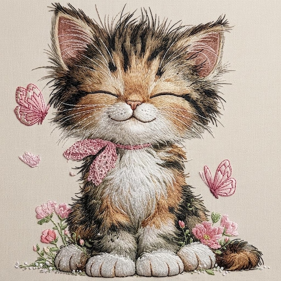 Cute Calico Kitten Embroidery Design, Floral Cat with Butterflies Machine Embroidery File, Instant Download