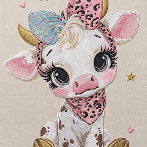 May include: An embroidered design of a white calf with brown spots, gold horns, and gold hooves. The calf wears a pink leopard print headband with a blue patterned bow and a matching pink leopard print bandana, featuring small gold stars and pink hearts.