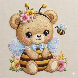 May include: Embroidered image of a teddy bear dressed as a bee. The bear has a black headband with yellow pom-poms and a floral crown. It has blue wings, a striped body, and a blue bow tie. A small bee flies nearby, and flowers and hearts are at the bottom.
