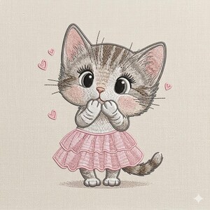 May include: Embroidered image of a cute kitten with large eyes, wearing a pink tutu and holding its paws to its mouth. The kitten has gray and brown striped fur, pink ears, and rosy cheeks. Pink hearts float around the kitten.
