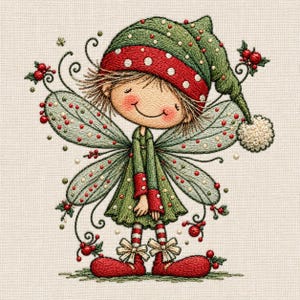 May include: An embroidered illustration of a fairy character wearing a green hat with a red band and white polka dots, a green dress with red cuffs, and red shoes. The fairy has translucent wings, light brown hair, and is surrounded by red berries.
