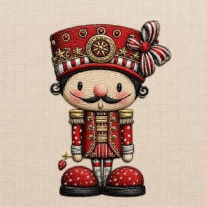 Simpatico disegno per ricamo dello schiaccianoci, file per ricamo a macchina del soldatino di Natale rosso, ricamo natalizio a forma di bastoncino di zucchero.