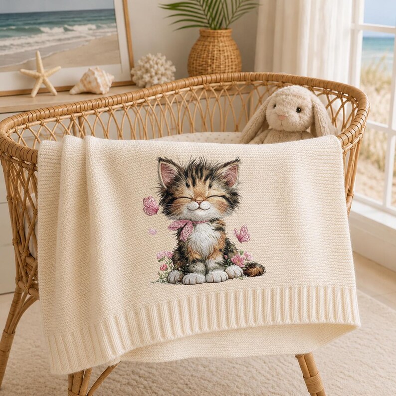 Cute Calico Kitten Embroidery Design, Floral Cat with Butterflies Machine Embroidery File, Instant Download image 2