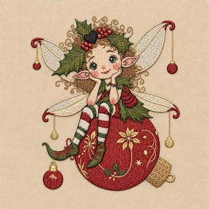 May include: An embroidery design featuring a fairy with curly brown hair adorned with holly leaves and red berries. The fairy has light-colored wings, wears red and green striped stockings, and sits atop a large red Christmas ornament.
