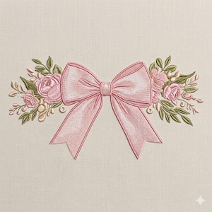 Pink Bow Floral Embroidery Design, Elegant Ribbon with Roses , Vintage Flower Bow Design, Feminine Embroidery, 5 Size, Instant Download