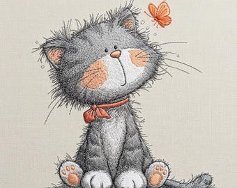Cute Gray Cat With Butterfly Embroidery Design, Kawaii Kitty Embroidery Pattern, Baby Cat Machine Embroidery File, Instant Download, 5 Size