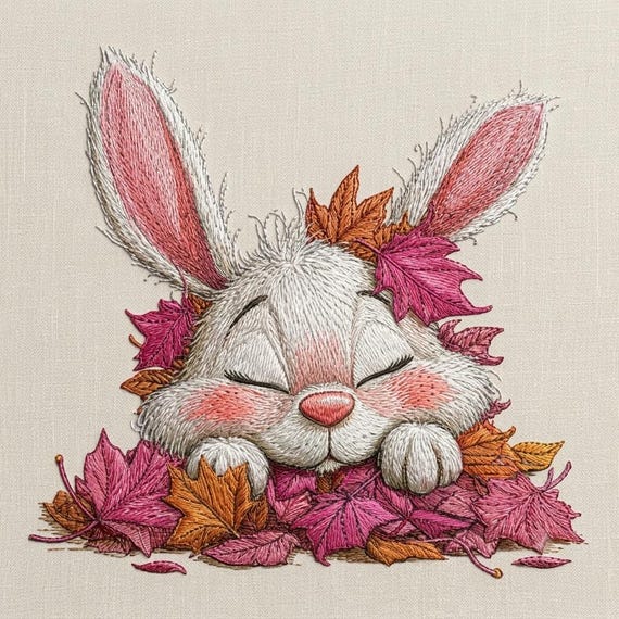 Sleepy Autumn Bunny Embroidery Design, Cute Rabbit in Fall Leaves, Woodland Animal Machine Embroidery Digital Download