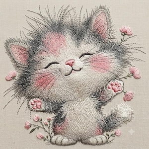 May include: A detailed embroidery of a fluffy kitten with grey, white, and pink fur, featuring closed eyes and a smiling expression. The kitten is surrounded by small pink flowers and green stems, with visible textured stitching on a light fabric background.