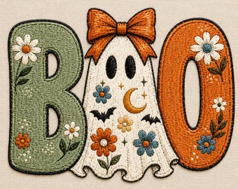 Floral BOO Ghost Embroidery Design, Cute Halloween Applique Machine Embroidery File, Spooky Flower, Instant Download