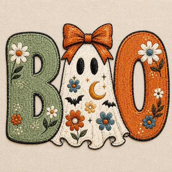 Floral BOO Ghost Embroidery Design, Cute Halloween Applique Machine Embroidery File, Spooky Flower, Instant Download