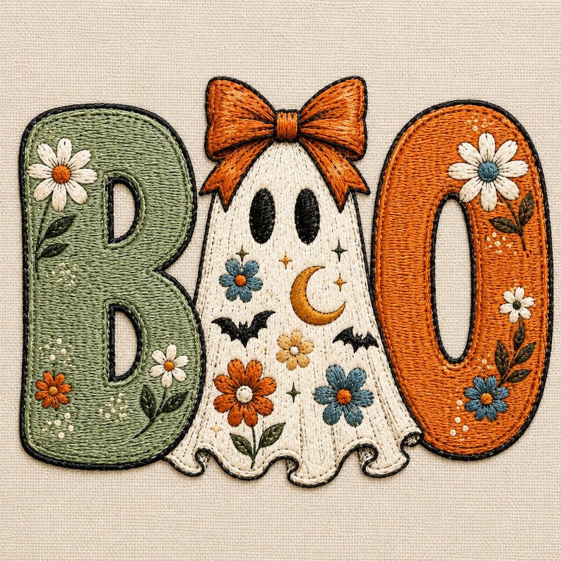 May include: An embroidered design featuring the word BOO, where the letter B is sage green, the letter O is burnt orange, and the center ghost is white with an orange bow. The letters and ghost are decorated with floral motifs, stars, and bats.