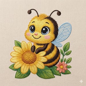 May include: Embroidered image of a cartoon bee with a yellow body and black stripes, holding a yellow sunflower. The bee has large blue eyes, pink cheeks, and light blue wings. Green leaves and a small pink flower are also present.